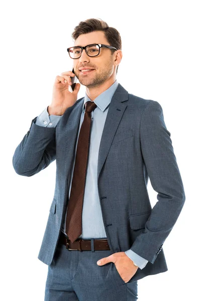 Confident Businessman Talking Smartphone Isolated White — Stock Photo, Image