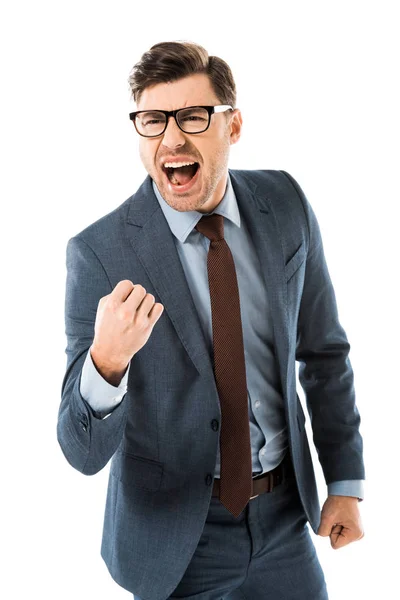 Successful Businessman Suit Rejoicing Gesturing Isolated White — Stock Photo, Image