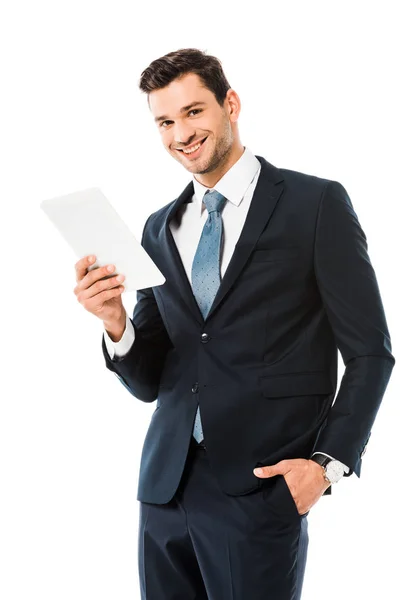 Adult Handsome Cheerful Businessman Holding Digital Tablet Isolated White — Free Stock Photo