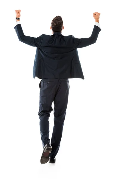 Back View Businessman Suit Gesturing Rejoicing Isolated White — Stock Photo, Image