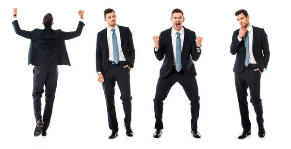 Collage Hombre Negocios Mostrando Diferentes Reacciones Aisladas Blanco — Foto de Stock