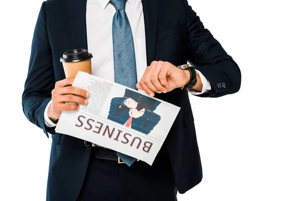 Businessman Holding Business Newspaper Coffee While Looking Watch Isolated White — Stock Photo, Image