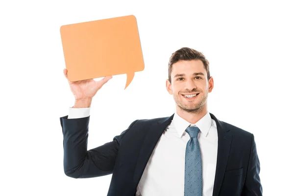 Smiling Businessman Suit Holding Blank Orange Speech Bubble Isolated White — Stock Photo, Image