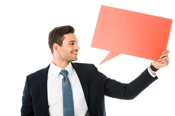 Smiling Businessman Suit Holding Empty Red Speech Bubble Isolated White — Stock Photo, Image