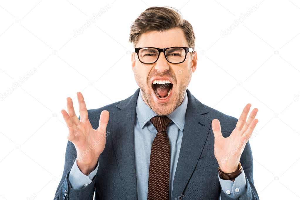 close up of aggressive boss in glasses and suit screaming isolated on white