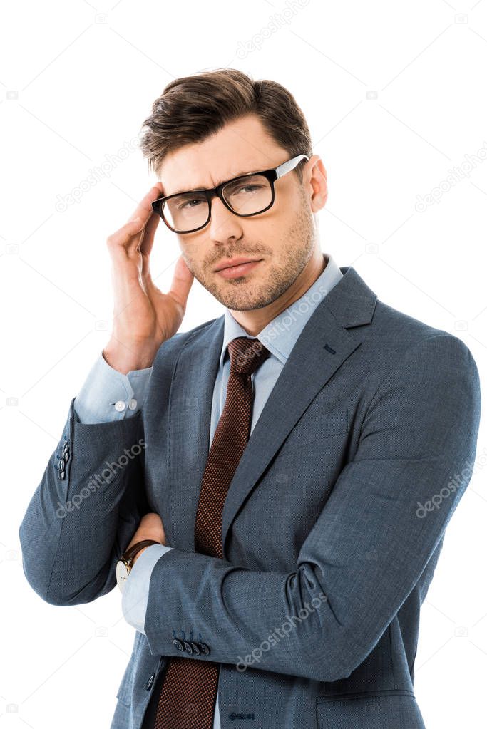 tired thoughtful businessman touching head isolated on white 
