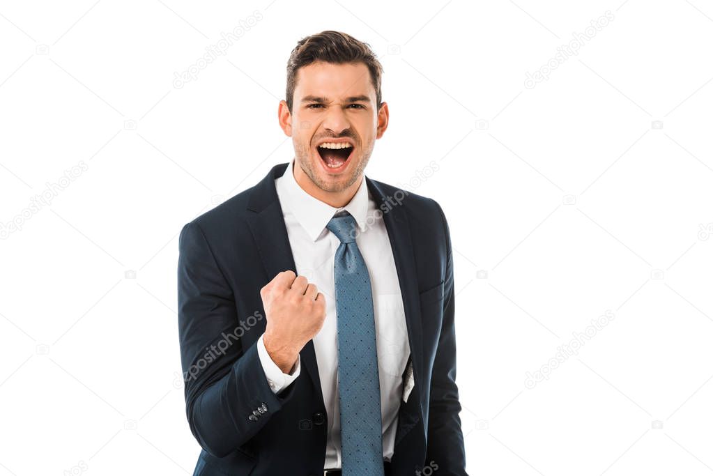 adult happy businessman shouting and rejoicing isolated on white
