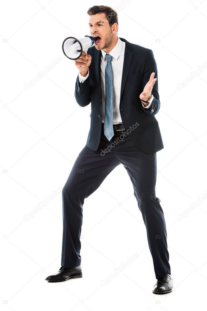 angry businessman screaming at loudspeaker isolated on white