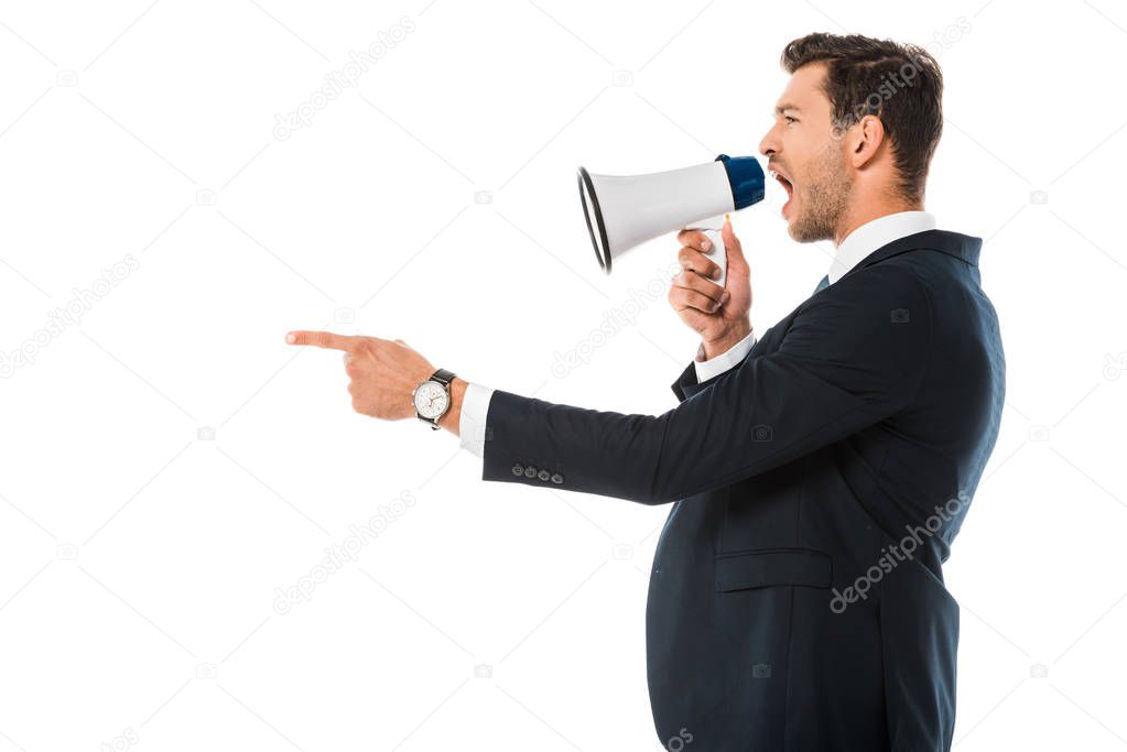 angry businessman shouting at megaphone isolated on white