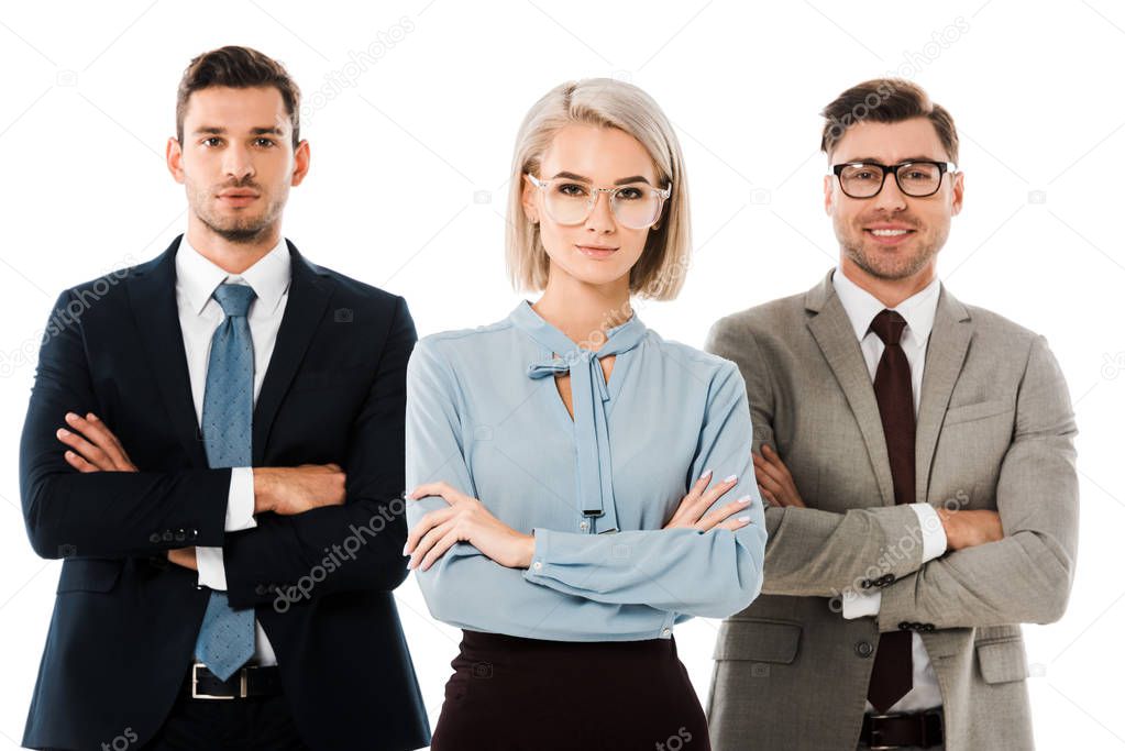 confident businesspeople standing with arms crossed isolated on white 