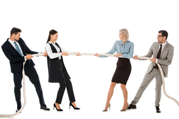 Businesspeople Pulling Rope Competing Tug War Isolated White — Stock Photo, Image