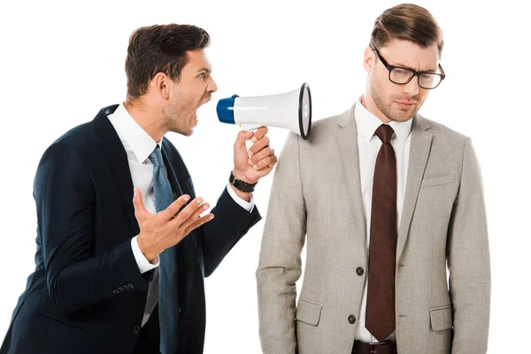 Aggressive Boss Yelling Megaphone Upset Employee Isolated White — Stock Photo, Image