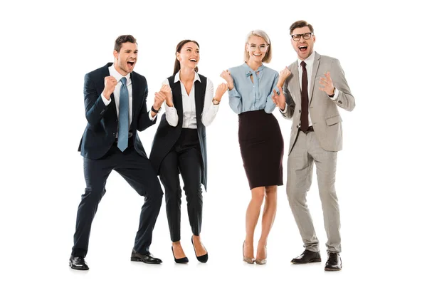 Bem Sucedida Equipe Negócios Animado Celebrando Isolado Branco — Fotografia de Stock