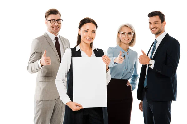 女老板拿着空标语牌 而专业团队显示竖起大拇指孤立在白色 — 图库照片