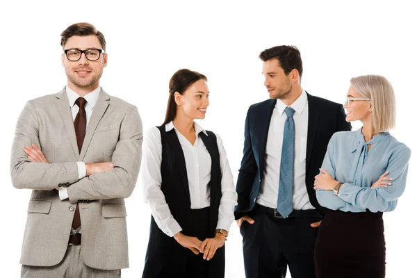 Successful Businessman Crossed Arms Standing Professional Colleagues Isolated White — Stock Photo, Image