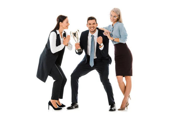 Excited Successful Business Team Holding Trophy Cup Isolated White — Stock Photo, Image