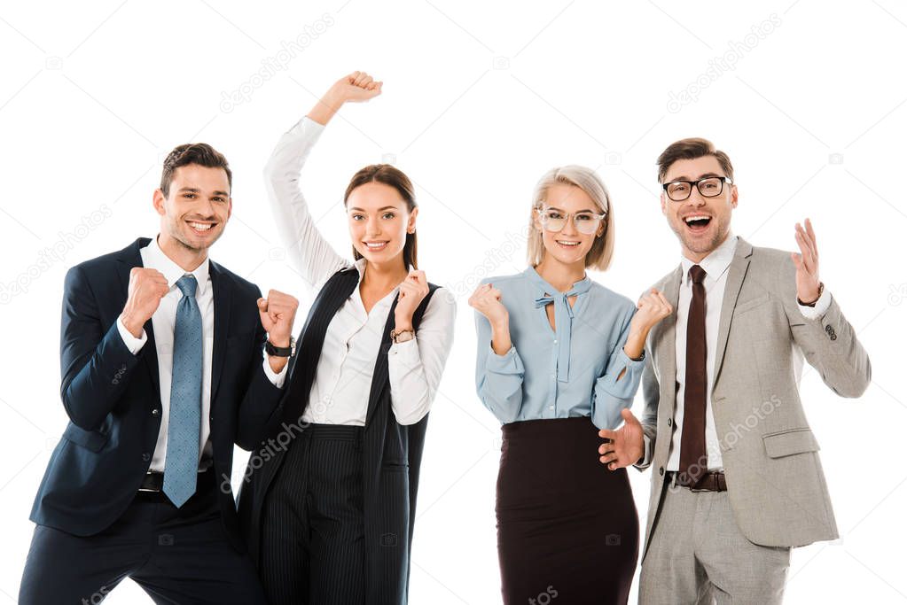 excited professional businesspeople celebrating success isolated on white