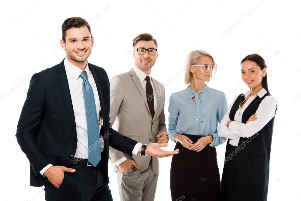 successful businessman showing professional team isolated on white