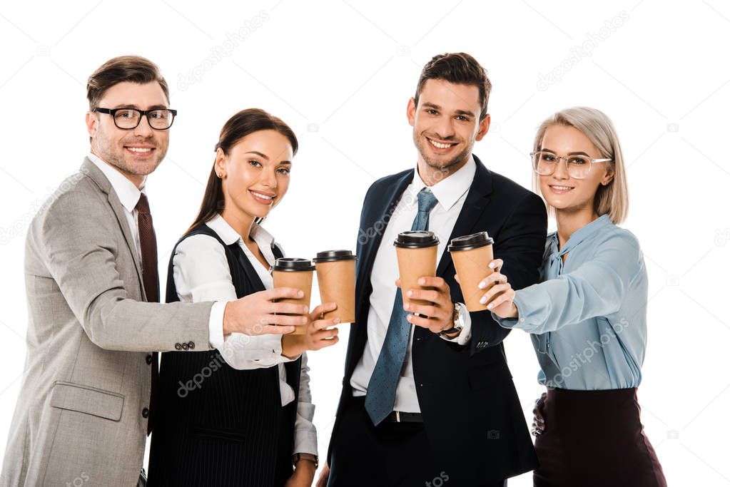 businesspeople holding paper cups with coffee isolated on white