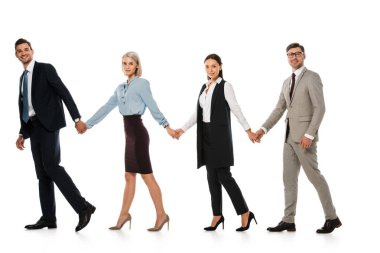 successful business team holding hands and walking ahead isolated on white clipart