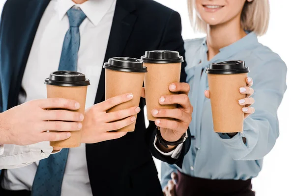 Cropped View Businesspeople Holding Cups Coffee Isolated White — Free Stock Photo