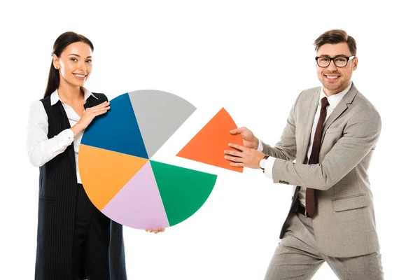 Geschäftsfrau Und Geschäftsmann Mit Buntem Diagramm Auf Weißem Hintergrund — Stockfoto