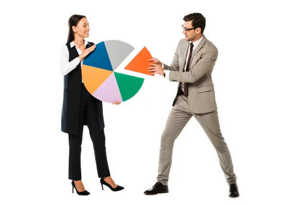 Successful Business Couple Holding Colorful Chart Isolated White — Stock Photo, Image