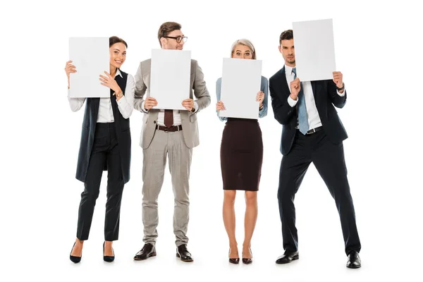 Executive Business Team Holding Blank Placards Isolated White — Stock Photo, Image