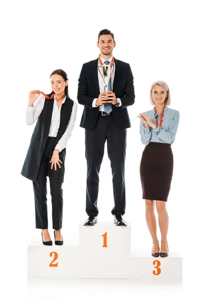 Successful Businesspeople Holding Awards While Standing Winners Podium Isolated White — Stock Photo, Image