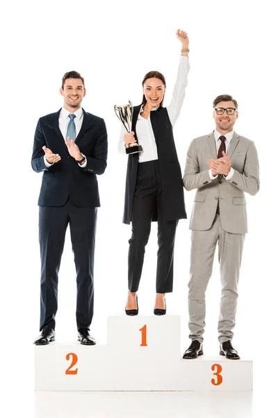 Professional Businesspeople Holding Awards While Standing Winners Podium Isolated White — Stock Photo, Image