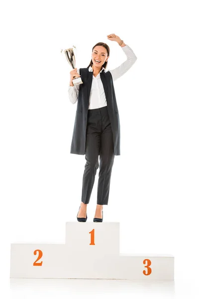 Excited Business Winner Holding Trophy Cup While Standing Winners Podium — Stock Photo, Image