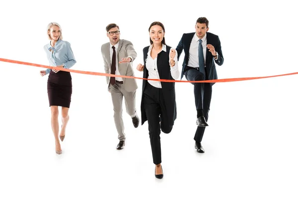 Competitive Businesspeople Running Finishing Line Isolated White — Stock Photo, Image