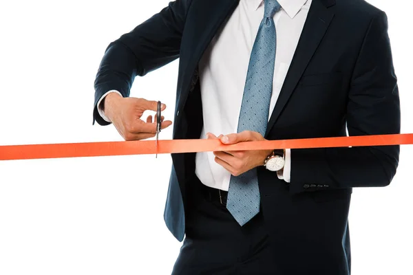 Cropped View Businesswoman Cutting Red Ribbon Scissors Grand Opening Isolated — Free Stock Photo