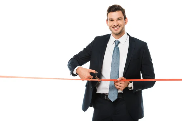 Handsome Businessman Cutting Red Ribbon Scissors Opening Ceremony Isolated White — Stock Photo, Image