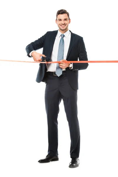 Smiling Businessman Cutting Red Ribbon Scissors Grand Opening Isolated White — Stock Photo, Image