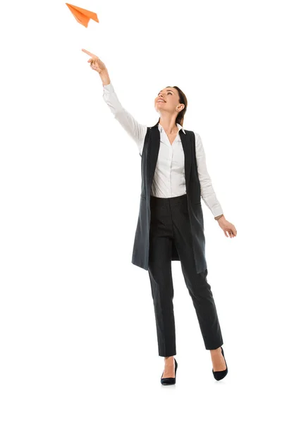 Attractive Businesswoman Throwing Paper Plane Isolated White — Stock Photo, Image