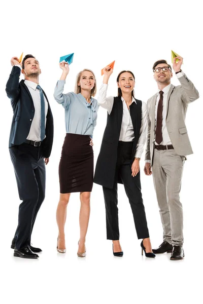 Empresários Jogando Aviões Papel Isolados Branco — Fotografia de Stock