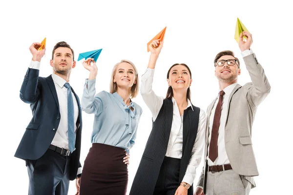 Equipe Negócios Jogando Aviões Papel Isolado Branco — Fotografia de Stock