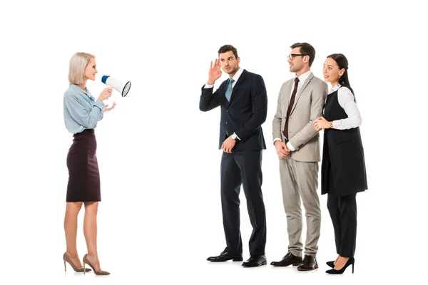 Business Team Vrouwelijke Leider Luisteren Met Megafoon Geïsoleerd Wit — Stockfoto