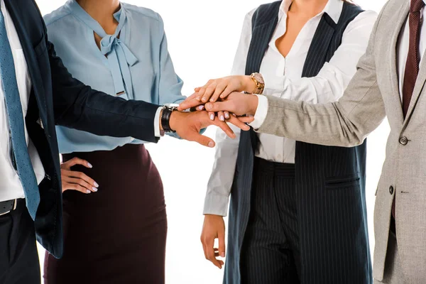 Bijgesneden Weergave Van Business Team Zetten Handen Samen Wit Wordt — Stockfoto