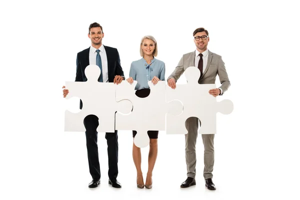 Businesspeople Holding Puzzle Elements Isolated White Teamwork Concept — Stock Photo, Image