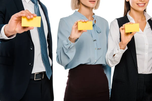 Cropped View Businesspeople Holding Empty Business Cards Isolated White — Stock Photo, Image