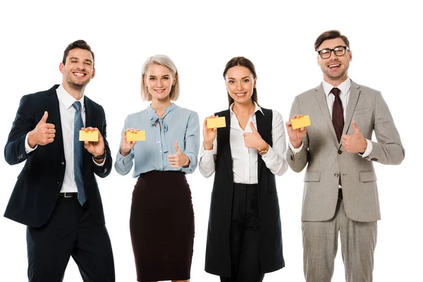 Smiling Businesspeople Holding Empty Business Cards Showing Thumbs Isolated White — Stock Photo, Image