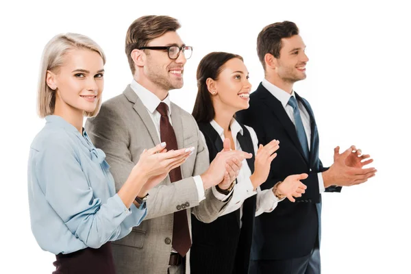 Sonriente Exitoso Equipo Negocios Aplaudiendo Aislado Blanco — Foto de Stock