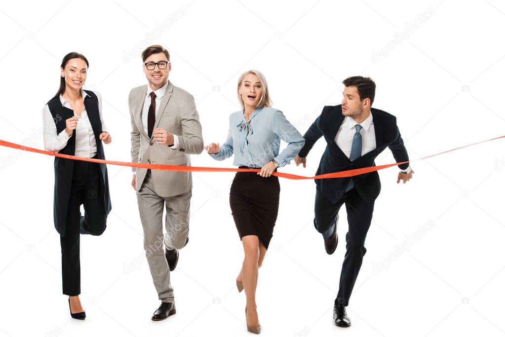 businesspeople reaching finishing line isolated on white