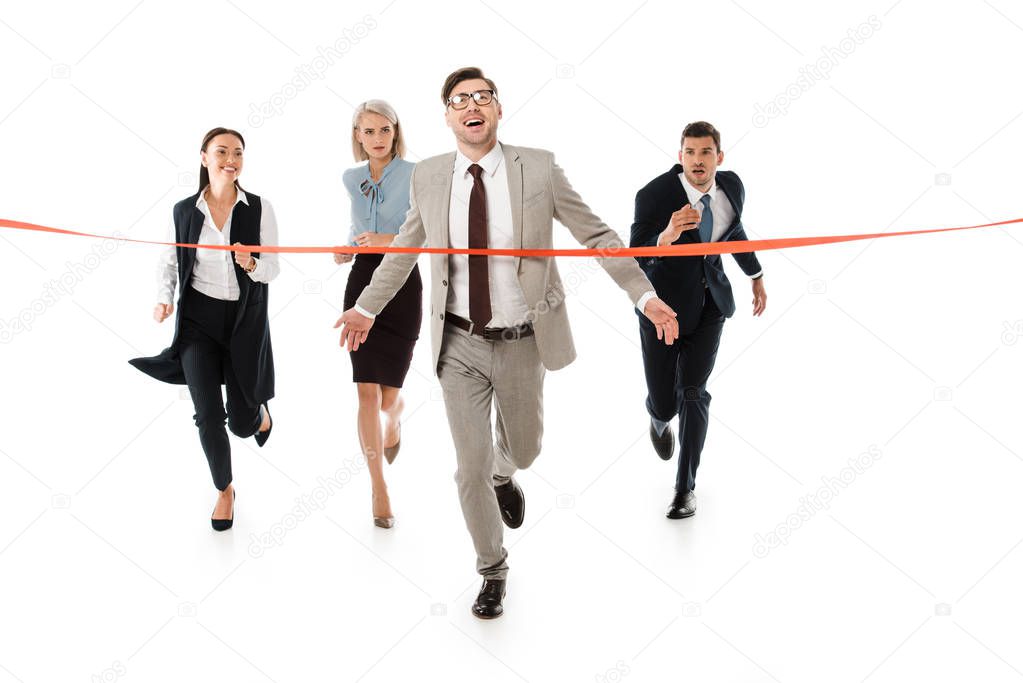 competitive business people running to red finishing line isolated on white