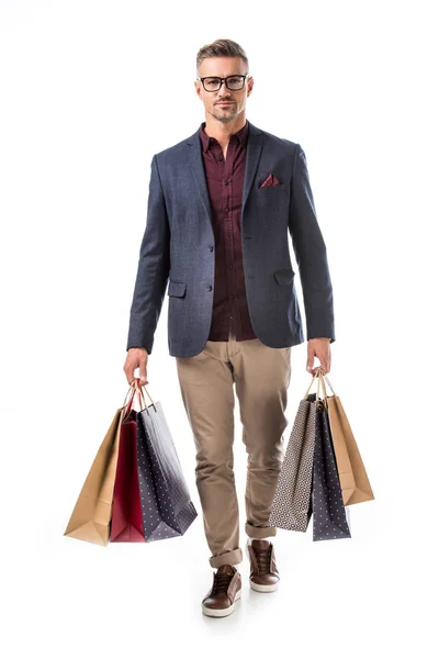 Stylish Man Eyeglasses Jacket Holding Colorful Shopping Bags Isolated White — Stock Photo, Image