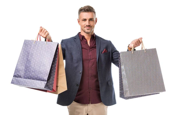 Man Jacket Showing Colorful Paper Bags Isolated White — Stock Photo, Image