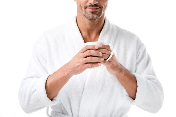 Partial View Man Bathrobe Holding Coffee Cup Isolated White — Free Stock Photo