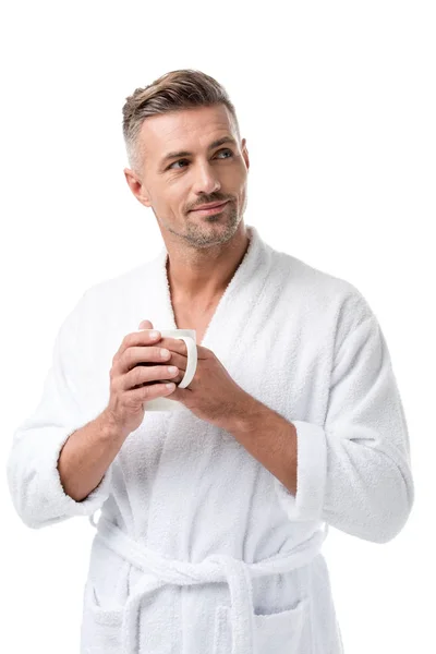 Hombre Adulto Feliz Albornoz Sosteniendo Taza Café Aislado Blanco — Foto de Stock